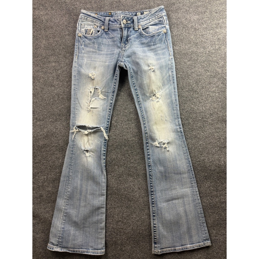 Miss Me Flare Jeans Womens 27 Light Blue Distressed Sequin Embellished JE5124F9X